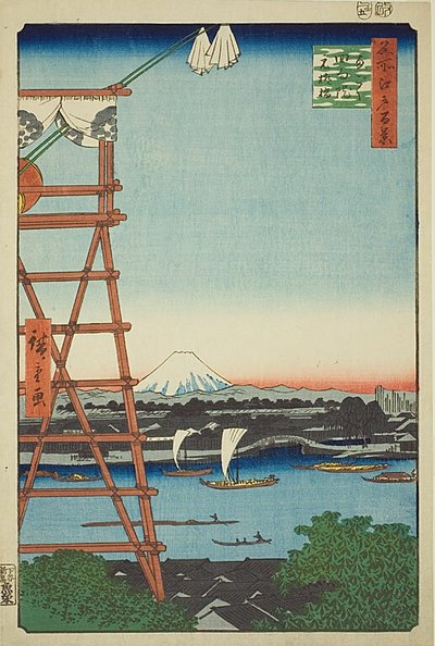 Ryogoku Ekoin ja Moto-Yanagi-silta (Ryogoku Ekoin Moto-Yanagibashi), nro 5 sarjasta "Sata kuuluisaa näkymää Edosta (Meisho Edo hyakkei)". tekijältä Utagawa Hiroshige