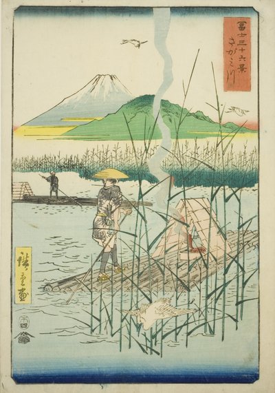 Sagami-joki (Sagamigawa), sarjasta "Kolmekymmentäkuusi näkymää Fuji-vuorelle (Fuji sanjurokkei)" tekijältä Utagawa Hiroshige