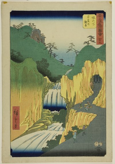 Sakanoshita: Sakanoshita, Gankutsu no Kannon), no. 49 sarjasta "Famous Sights of the Fifty Three Stations (Gojusan tsugi meisho zue)", joka tunnetaan myös nimellä Vertical Tokaido. tekijältä Utagawa Hiroshige