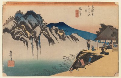 Sakanoshita: The Throwing Away the Brush Peak, ensimmäisen Tokaido-sarjan levy 49, n. 1834 (värillinen puupainatus) tekijältä Utagawa Hiroshige