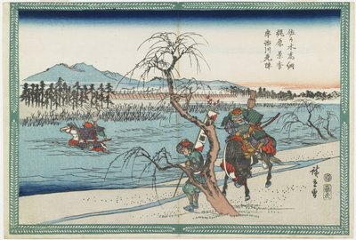 Sasaki Takatsuna and Kajiwara Kagetoki Competing to Take the Lead Crossing the Uji River, 1834-1839 tekijältä Utagawa Hiroshige