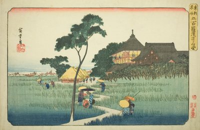 Sazai-sali Viidensadan Arhatin temppelissä (Gohyaku rakan Sazaido), sarjasta "Itäisen pääkaupungin kuuluisia paikkoja (Toto meisho)" tekijältä Utagawa Hiroshige