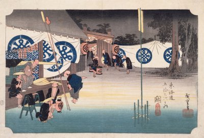 Seki, aikainen lähtö Daimyos Innistä, 53 asemalta Tokaido Highwaylla, n. 1834 (puupalkoväripainatus) tekijältä Utagawa Hiroshige