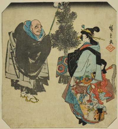 Seki: Pappi Ikkyu ja helvetin kurtisaani, sarjasta "Fifty-three Pairings for the Tokaido Road (Tokaido gojusan tsui)" tekijältä Utagawa Hiroshige