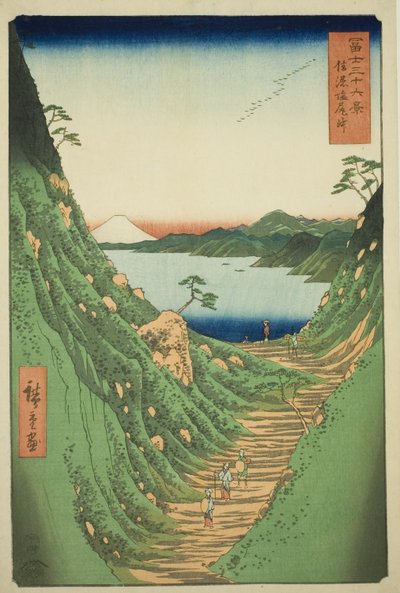 Shiojiri Pass Shinanon maakunnassa (Shinano Shiojiri toge) sarjasta "Kolmekymmentäkuusi näkymää Fuji-vuorelle (Fuji sanjurokkei)" tekijältä Utagawa Hiroshige