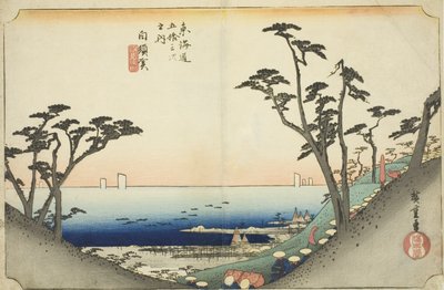 Shirasuka: Näkymä Shiomi-rinteelle (Shirasuka, Shiomizaka zu), sarjasta "Fifty-three Stations of the Tokaido (Tokaido gojusan tsugi no uchi)", joka tunnetaan myös nimellä Hoeido Tokaido tekijältä Utagawa Hiroshige