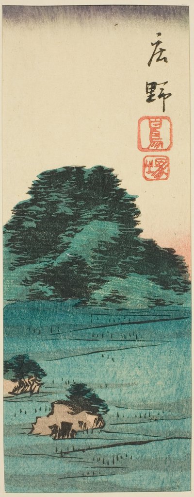 Shono: Shiratori moun d (Shono, Shiratorizuka), arkin osa. 12 sarjasta "Kutouts of the fifty-three S team ons" tekijältä Utagawa Hiroshige
