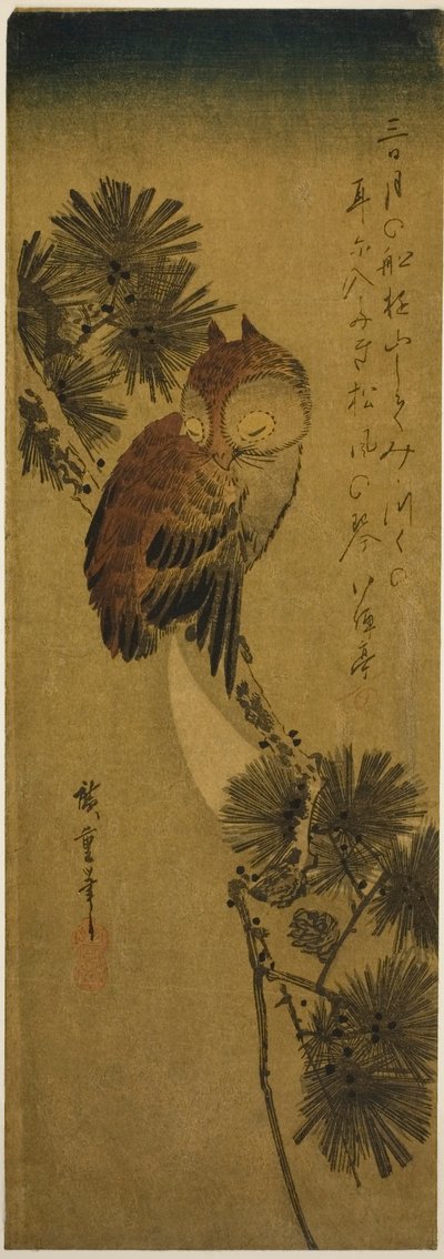 Pienisarvipöllö, mänty ja puolikuu tekijältä Utagawa Hiroshige