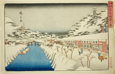 Lunta Akabanen sillalla Shibassa (Shiba Akabane no yuki), sarjasta "Famous Places in the Eastern Capital (Toto meisho)" tekijältä Utagawa Hiroshige