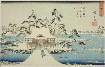 Lunta Benzaiten-pyhäkössä Inokashira Pondissa (Inokashira no ike Benzaiten no yashiro yuki no kei), sarjasta "Lumi, kuu ja kukat kuuluisissa paikoissa (Meisho setsugekka)" tekijältä Utagawa Hiroshige