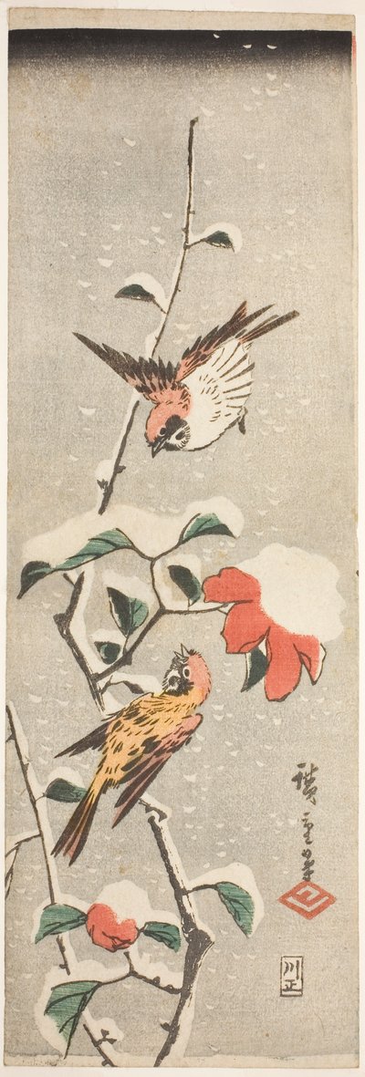 Varpuset ja kamelia lumessa tekijältä Utagawa Hiroshige