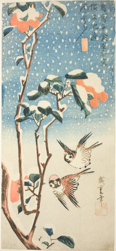 Varpuset ja kameliat lumessa tekijältä Utagawa Hiroshige