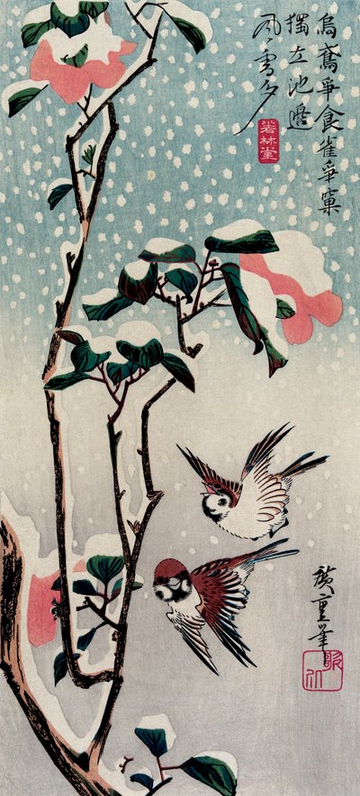Varpuset ja kameliat lumessa, 1830-luku. tekijältä Utagawa Hiroshige