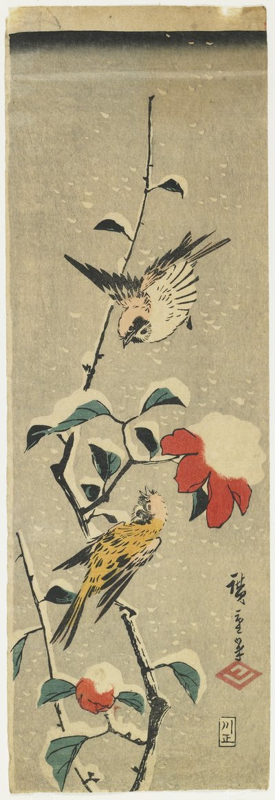 Varpuset ja luminen kamelia, 1837-1848 tekijältä Utagawa Hiroshige