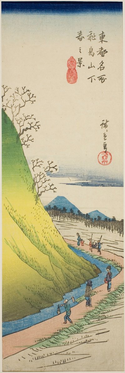 Kevätnäkymä Asuka-kukkulan juurelta (Asukayama shita haru no kei), sarjasta "Itäisen pääkaupungin kuuluisat näkymät (Toto meisho)" tekijältä Utagawa Hiroshige