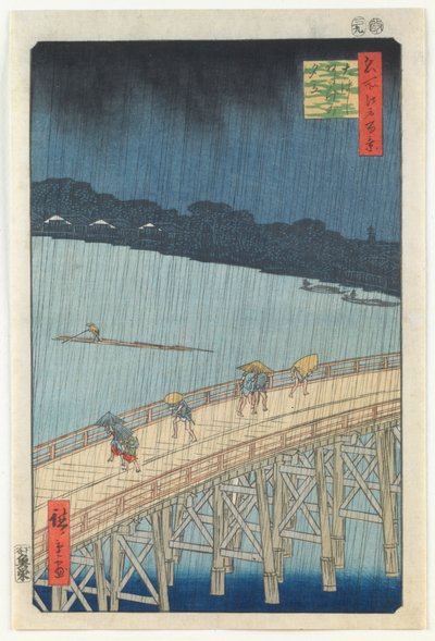 Äkillinen suihku Ōhashin sillan ja Ataken yli, sarjasta "Sata kuuluisaa näkymää Edosta" tekijältä Utagawa Hiroshige