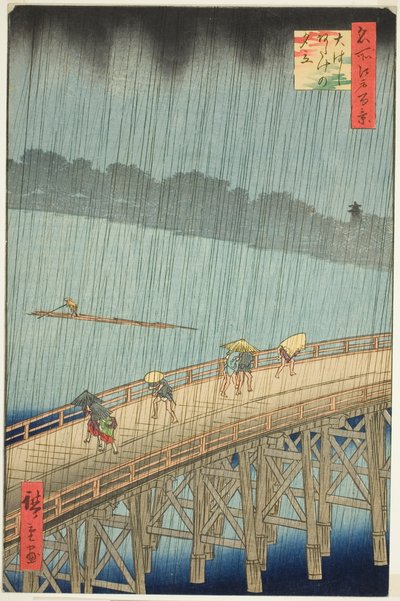 Suden Shouer Over New Chopsticks B Ridge Plan D Ataka (Syömäpuikot Ataka Yumitate), sarjasta "Ridge d re d fa net s View ws f Edo (kuuluisa paikka Edo 100 view)" tekijältä Utagawa Hiroshige