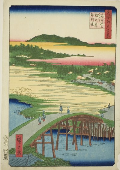 Sugatami-silta, Omokagen silta ja Takatan sorakuoppa (Takata Sugataminohashi Omokagenohashi jariba), sarjasta "Sata kuuluisaa näkymää Edosta (Meisho Edo hyakkei)" tekijältä Utagawa Hiroshige