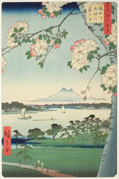 Suijin Shrine luonnos d ensimmäinen ääni te sumida rive r (sumida joki suijin no mori ensin), te-sarjasta `` Ridge d red fa net s views f edo (sata näkymää Edoon)