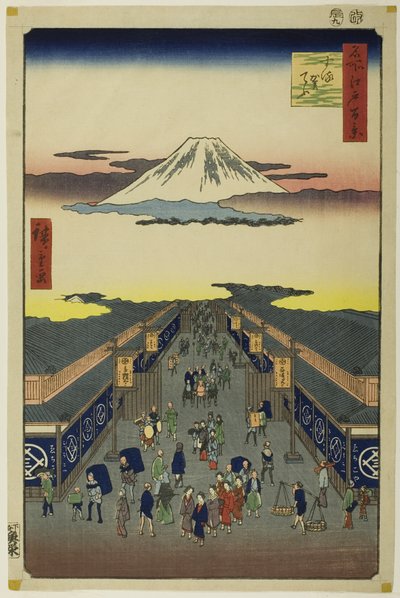 Surugacho, sarjasta "Sata kuuluisaa näkymää Edosta (Meisho Edo hyakkei)". tekijältä Utagawa Hiroshige