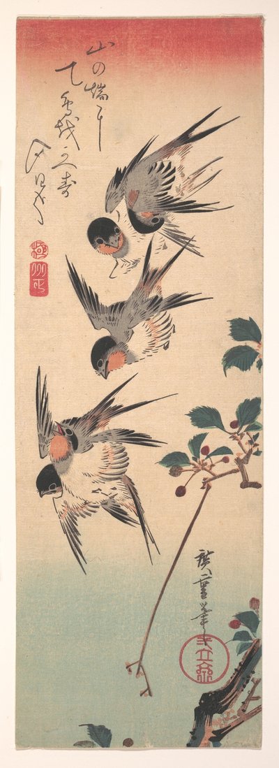 Schwalben und blühende Wildkirsche tekijältä Utagawa Hiroshige
