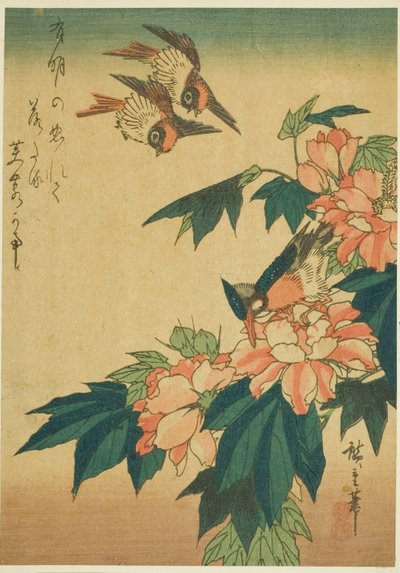 Pääskyset, kuningaskala ja hibiscus tekijältä Utagawa Hiroshige