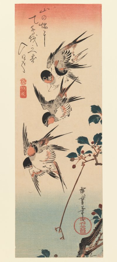Tanzaku, neljä pääskystä, 1832 (värillinen puupainatus) tekijältä Utagawa Hiroshige