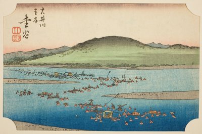 Oi-joen kaukainen ranta Kanayassa (Oigawa engan, Kanaya), arkin nro. 6 sarjasta "Cutout Pictures of the Tokaido (Tokaido harimaze zue)" tekijältä Utagawa Hiroshige