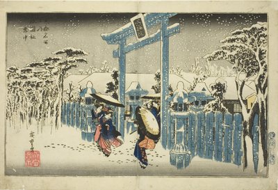 Gionin pyhäkkö lumessa (Gionsha setchu), sarjasta "Kioton kuuluisia paikkoja (Kyoto meisho no uchi)" tekijältä Utagawa Hiroshige