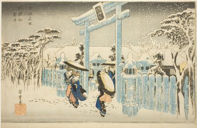 Gionin temppeli lumessa (Gionsha setchu), sarjasta "Famous Places in Kiot (Kyoto meisho no uchi)" tekijältä Utagawa Hiroshige