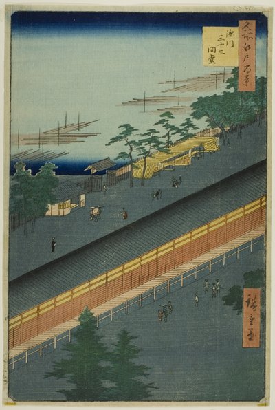 Fukagawan kolmenkymmenenkolmen lahden sali (Fukagawa Sanjusangendo), sarjasta "Sata kuuluisaa näkymää Edosta (Meisho Edo hyakkei)". tekijältä Utagawa Hiroshige