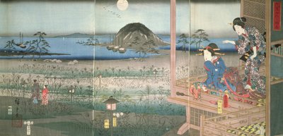 Lady Fujitsubo katselee prinssi Genjin matkaa kuutamossa, 1853 (värillinen puupainatus) tekijältä Utagawa Hiroshige