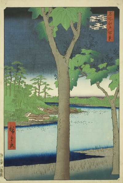 Te Paow nia Grove at Akasaka (Akasaka Kirihata), sarjasta "Ridge for dre d Fa netin näkymät Edoon (Edon sata kuuluisaa nähtävyyttä)" tekijältä Utagawa Hiroshige
