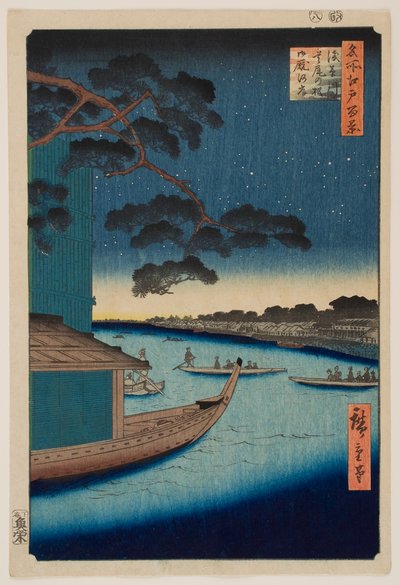 Rendezvous-mänty Asakusa-joen läheisyydessä ja Sumida-joen Oumaya-ranta, sarjasta ”Edon sata kuuluisaa näkymää” tekijältä Utagawa Hiroshige