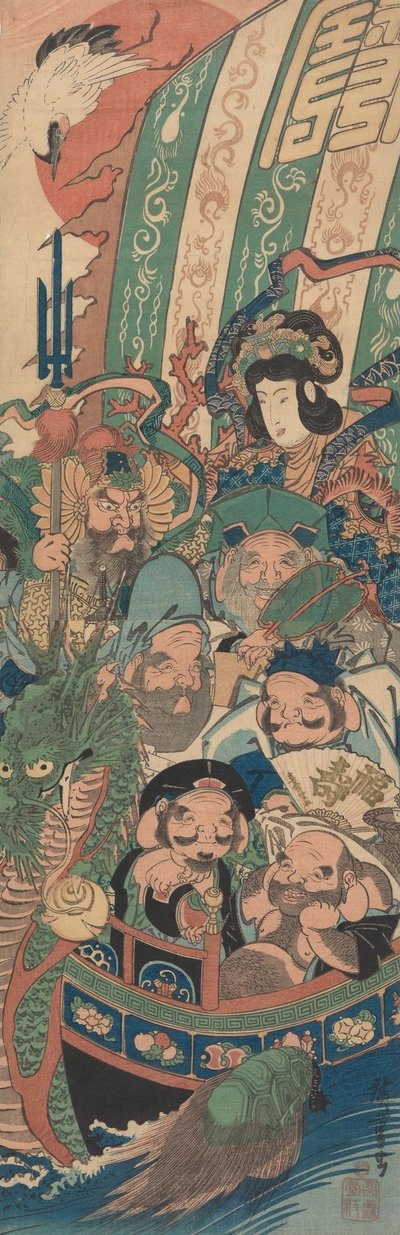 Die sieben Glücksgötter im Schatzboot tekijältä Utagawa Hiroshige