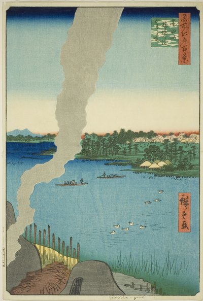 Tile Kilns ja Hashiba Ferry Sumida-joella (Sumidagawa Hashiba no watashi kawaragama), sarjasta "Sata kuuluisaa näkymää Edosta (Meisho Edo hyakkei)" tekijältä Utagawa Hiroshige