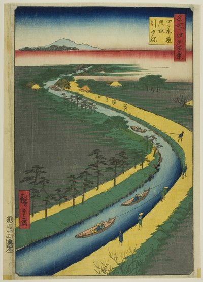 Hinaajia Yotsugidori-kanavan varrella (Yotsugidori yosui hikifune), sarjasta "Sata kuuluisaa näkymää Edosta (Meisho Edo hyakkei)". tekijältä Utagawa Hiroshige