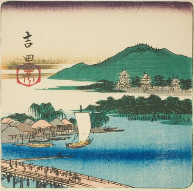 Toyo-joki Yoshidassa (Yoshida, Toyokawa), osa arkista sarjasta "Viidenkymmentäkolmen aseman leikkaukset (Gojusan tsugi harimaze)" tekijältä Utagawa Hiroshige