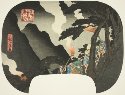 Matkustaminen yöllä Hakone-vuorilla Izun ja Sagamin maakuntien rajalla (Zuso Hakone-yama yako no zu), sarjasta "Kuuluisia paikkoja eri maakunnissa (Shokoku meisho)" tekijältä Utagawa Hiroshige