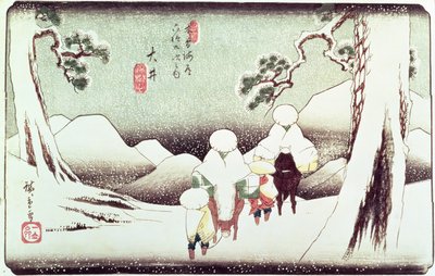 "Travellers in the Snow at Oi", sarjasta "69 Stations of Kisokaido", pub. 1830-luvun loppu, (oban-koko, yoko-e - vaakamuoto, värillinen puupalikkapainatus) tekijältä Utagawa Hiroshige