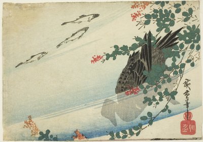 Taimen, ankka ja pensasapila tekijältä Utagawa Hiroshige