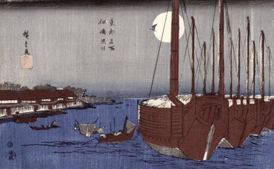 Tsukudajiman saari ja Fukagawan kaupunginosa täysikuun alla, sarjasta "Toto Meisho" (Edon kuuluisat paikat) (värillinen puupainatus) tekijältä Utagawa Hiroshige