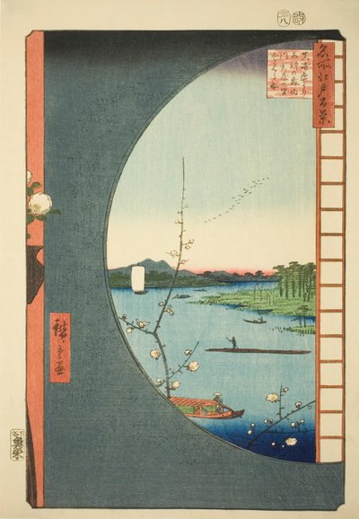 Näkymä Massakista Suijin-pyhäköstä, Uchigawa Inletistä ja Sekiyasta (Massaki hen yori Suijin no mori Uchigawa Sekiya no sato o miru zu), sarjasta "Sata kuuluisaa näkymää Edosta (Meisho Edo hyakkei)" tekijältä Utagawa Hiroshige