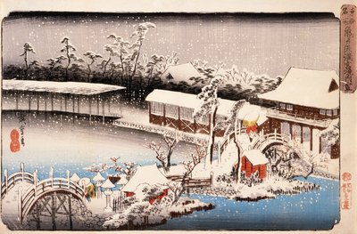 Näkymä lumisesta Kameido Tenmangū -pyhäköstä tekijältä Utagawa Hiroshige