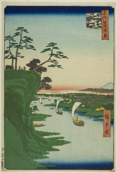 Näkymä Konodaista ja Tone-joesta (Konodai Tonegawa fukei), sarjasta "Sata kuuluisaa näkymää Edosta (Meisho Edo hyakkei)". tekijältä Utagawa Hiroshige