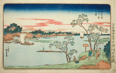 Näkymä lehtikirsikkapuille Sumida-joen varrella (Sumidagawa hazakura no kei), sarjasta "Itäisen pääkaupungin kuuluisat näkymät (Toto Meisho)" tekijältä Utagawa Hiroshige