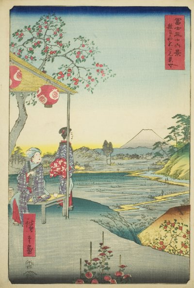 Näkymä Fuji-vuorelle Zoshigayan teehuoneesta (Zoshigaya Fujimi chaya), sarjasta "Kolmekymmentäkuusi näkymää Fuji-vuorelle (Fuji sanjurokkei)" tekijältä Utagawa Hiroshige