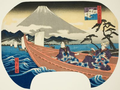 Näkymä Fuji-vuorelle meren toiselta puolelta Mihon lahdelta Surugan maakunnassa (Sunshu Fujisan Miho no kaijo yori chobo), sarjasta "Ten Views of Famous Mountains in the Provinces (Meizan tsukushi shokoku jukkei)" tekijältä Utagawa Hiroshige