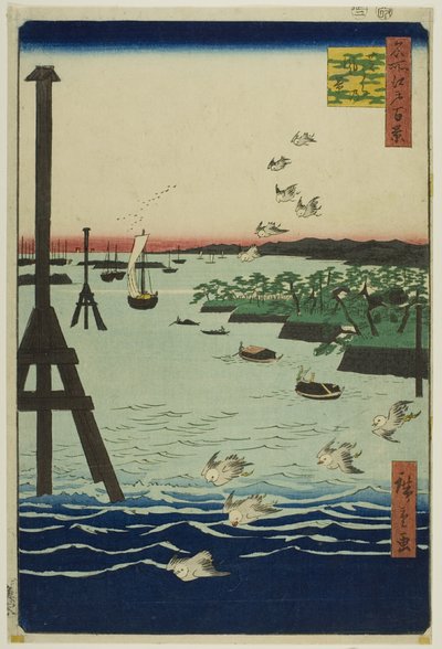 Näkymä Shiba-lahdelle (Shibaura no fukei), sarjasta "Sata kuuluisaa näkymää Edosta (Meisho Edo hyakkei)". tekijältä Utagawa Hiroshige