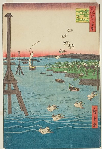 Näkymä Shiban rannikolta (Shibaura no kei), jossa on vaaleansinisen veden sävyjä, nro 108 sarjasta Sata kuuluisaa näkymää Edosta (Meisho Edo hyakkei). tekijältä Utagawa Hiroshige